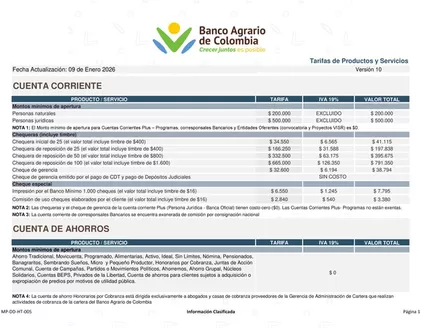 Catálogo Banco Agrario de Colombia | Tarifas de Productos y Servicios | 2026-01-26T00:00:00.000Z - 2026-12-31T00:00:00.000Z