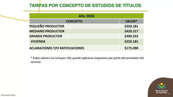 Catálogo Banco Agrario de Colombia | Tarifas por concepto de estudios de títulos | 2026-01-26T00:00:00.000Z - 2026-12-31T00:00:00.000Z
