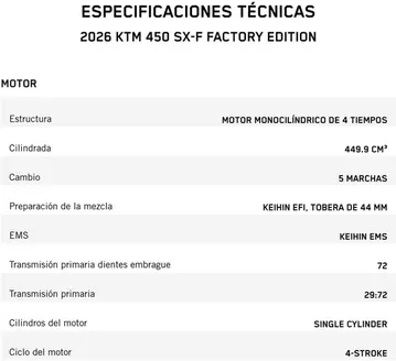 Catálogo KTM en Yopal | Especificaciones Tecnicas 2026 Ktm 450 Sx-F Factory Edition | 2026-02-25T00:00:00.000Z - 2027-06-30T00:00:00.000Z