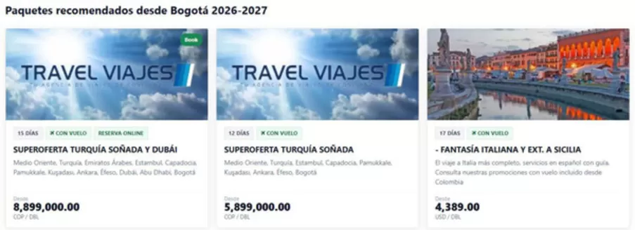 Catálogo Travel Viajes en Puente Aranda | Paquetes recomendados desde Bogotá 2026-2027 | 2026-05-28T00:00:00.000Z - 2026-05-31T00:00:00.000Z