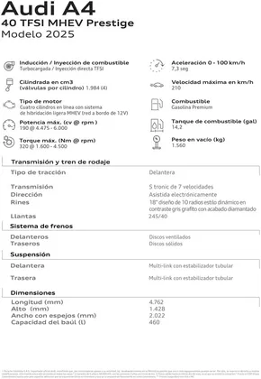 Catálogo Audi | Audi A4 Híbrido Sedán Prestige Black. | 2024-11-27T00:00:00.000Z - 2025-11-27T00:00:00.000Z
