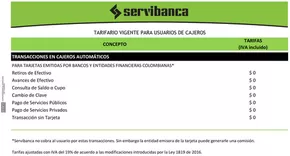 Catálogo Servibanca en Armenia | TARIFARIO VIGENTE PARA USUARIOS DE CAJEROS | 2025-01-10T00:00:00.000Z - 2025-12-31T00:00:00.000Z
