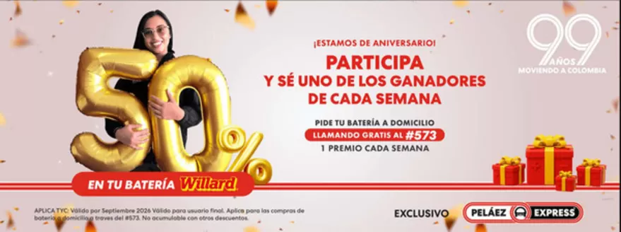Catálogo Peláez Hermanos en Salamina Caldas | 50% OFF en tu batería Willard | 2026-09-16T00:00:00.000Z - 2026-09-30T00:00:00.000Z