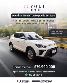Catálogo Ssangyong en Salamina Caldas | Tivoli Turbo con precio especial de $79.990.000 | 2026-09-16T00:00:00.000Z - 2026-09-30T00:00:00.000Z