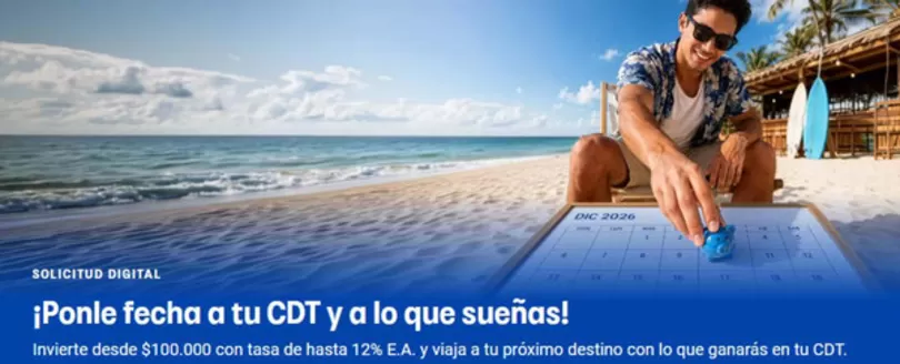 Catálogo Banco de Bogotá | Invierte desde $100.000 con tasa de hasta 12% E.A. y viaja a tu próximo destino con lo que ganarás en tu CDT. | 2026-09-25T00:00:00.000Z - 2026-09-30T00:00:00.000Z
