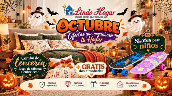 Catálogo Lindo Hogar | Combo de lencería: Juego de sábanas + cubrelecho+ GRATIS dos almohadas, Skates para niños | 2026-10-07T00:00:00.000Z - 2026-10-31T00:00:00.000Z