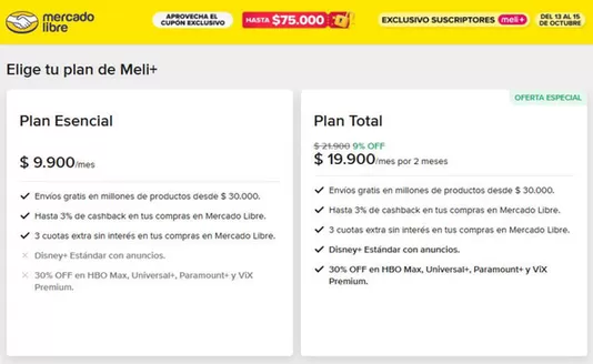 Catálogo Mercado Libre | Elige tu plan de Meli+ | 2026-10-14T00:00:00.000Z - 2026-10-15T00:00:00.000Z