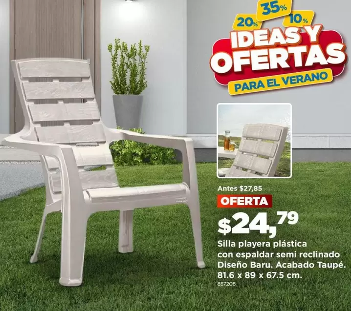 Silla playera plástica con espaldar semi reclinado Diseño Baru. Acabado Taupé.