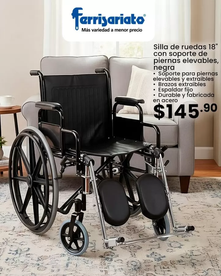 Silla de ruedas 18" con soporte de piernas elevables, negra