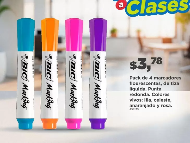 Rosa - Pack de 4 marcadores flourescentes, de tiza liquida. Punta redonda. Colores vivos: lila, celeste, anaranjado y rosa.