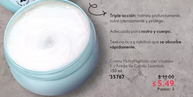 Crema Multirapósito con Vitamina E y Aceite de Canola Essentials