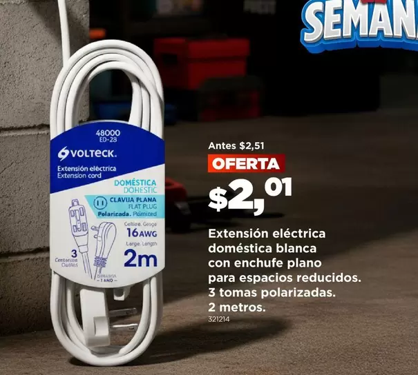 Blanca - Extensión eléctrica doméstica blanca con enchufe plano para espacios reducidos. 3 tomas polarizadas. 2 metros.