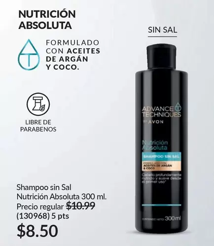 Avon - Shampoo sin Sal Nutrición Absoluta 300 ml.