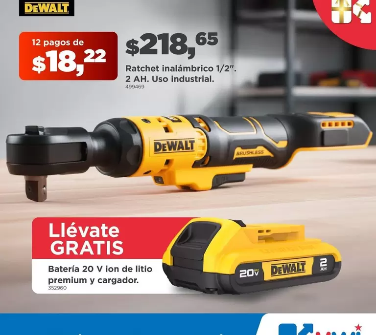 Ratchet inalámbrico 1/2". 2 AH. Uso Industrial.