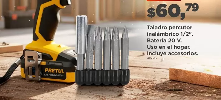 Taladro percutor inalámbrico 1/2". Bateria 20 V. Uso en el hogar. Incluye accesorios.