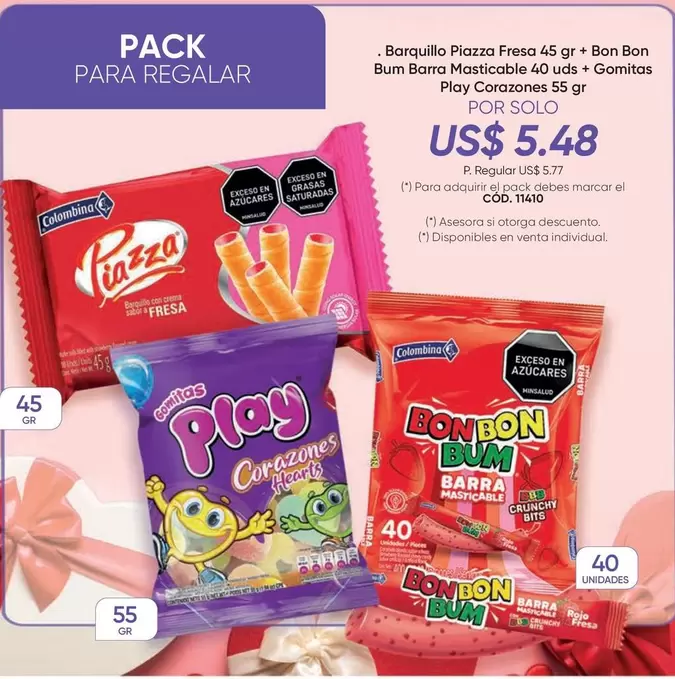 Play - Barquillo Piazza Fresa 45 gr, Bon Bon Bum Barra Masticable 40 uds, Gomitas Corazones 55 gr