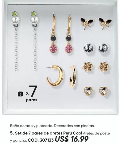 cool - Set de 7 pares de aretes Perú Cool Aretes de poste y gancho. CÓD. 307123