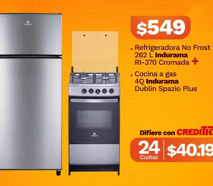 Indurama - Refrigeradora No Frost RI-370 Cromada +, Cocina a gas 4Q Dublin Spazio Plus