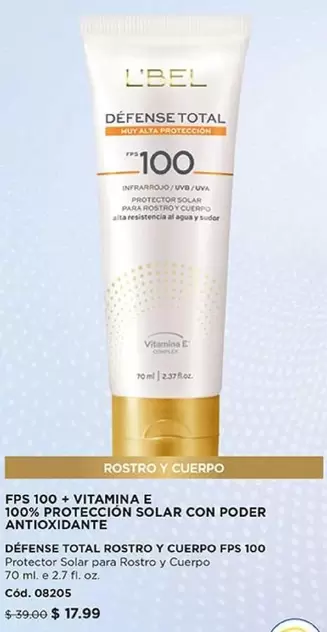 DEFENSE TOTAL ROSTROY CUERPO FPS 100 Protector Solar para Rostro y Cuerpo