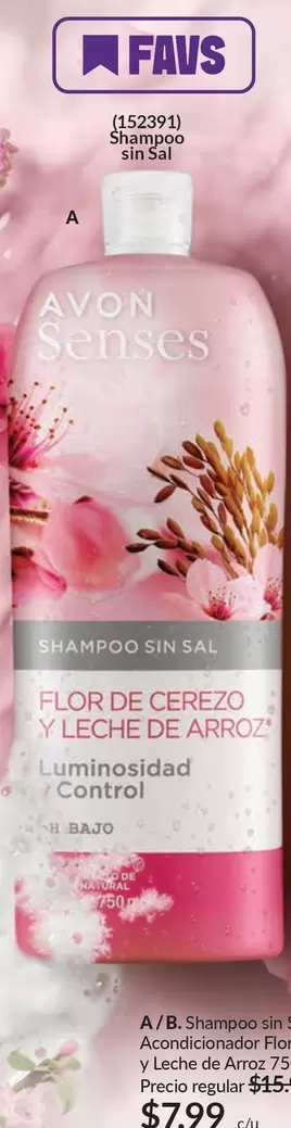 Avon - Shampoo sin Sal Flor de Cerezo y Leche de Arroz Luminosidad Control