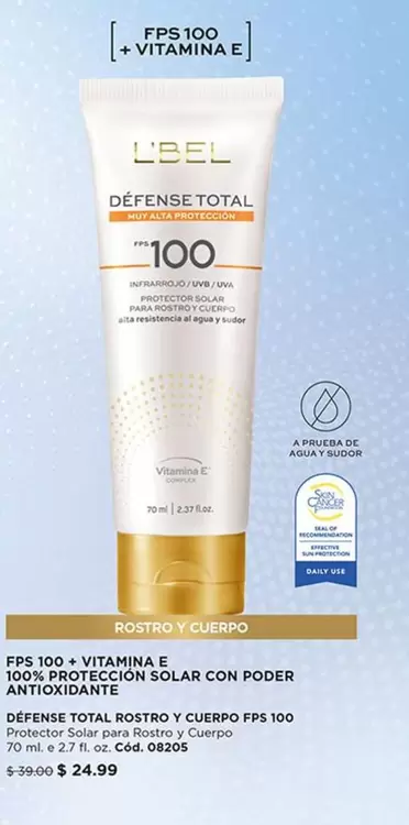 L'bel - DEFENSE TOTAL ROSTRO Y CUERPO FPS 100 Protector Solar para Rostro y Cuerpo