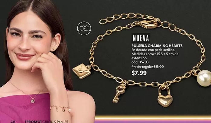 Colombia - PULSERA CHARMING HEARTS en dorado con perla acrílica. Medidas aprox. 15.5 + 5 cm de extensión. Cód. 35703