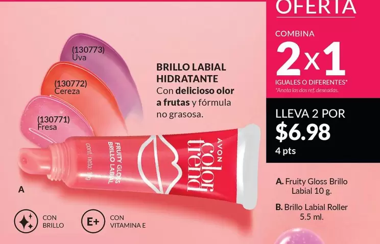 Avon - BRILLO LABIAL HIDRATANTE (130771) Fresa, (130772) Cereza, (130773) Uva