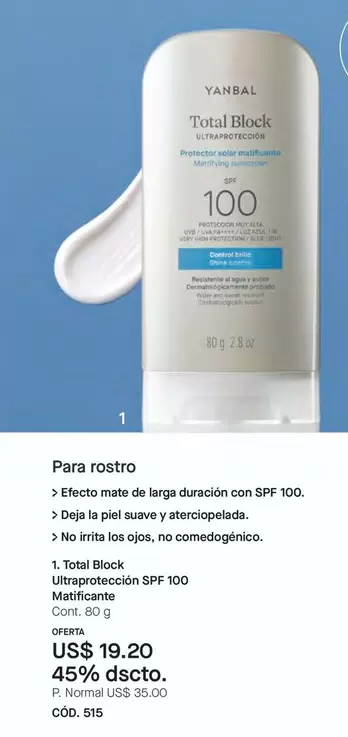 Yanbal - Total Block Ultraprotección SPF 100 Matificante