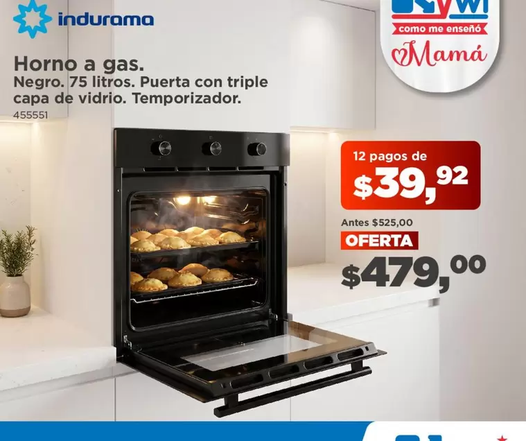 Indurama - Horno a gas. Negro. 75 litros. Puerta con triple capa de vidrio. Temporizador.