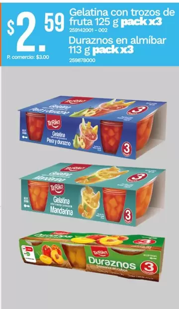 Gelatina con trozos de fruta 125 g pack x3, Duraznos en almíbar 113 g pack x3