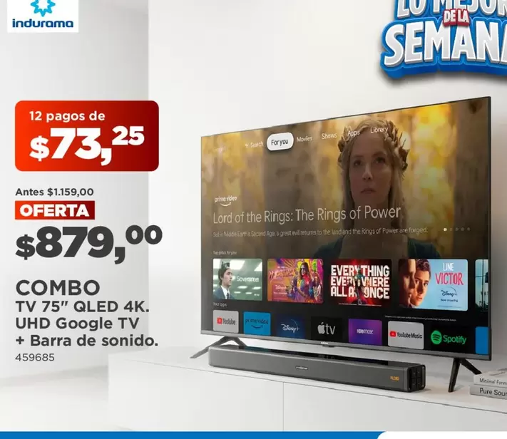 Indurama - COMBO TV 75" QLED 4K, UHD Google TV + Barra de sonido.