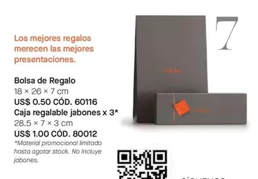 Bolsa de Regalo 18 x 26 x 7 cm CÓD. 60116, Caja regalable jabones x 3* 28.5 x 7 x 3 cm CÓD. 80012
