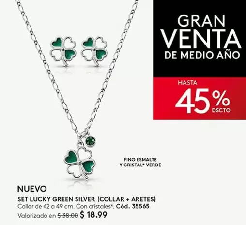 Verde - SET LUCKY GREEN SILVER (COLLAR + ARETES) Collar de 42 a 49 cm. Con cristales. Cód. 35565