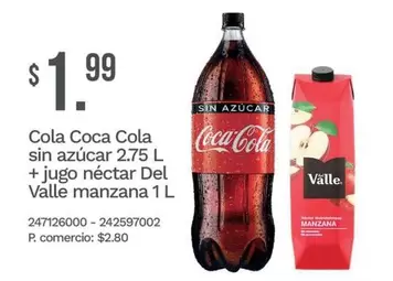 Coca Cola - Cola  sin azúcar 2.75 L + jugo néctar Del Valle manzana 1 L