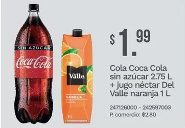 Coca Cola - Cola  sin azúcar 2.75 L + jugo néctar Del Valle naranja 1 L