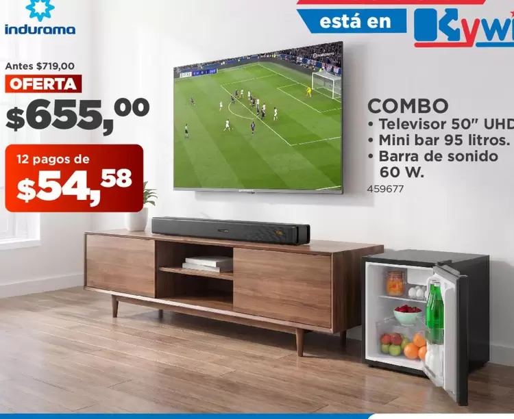 Indurama - Televisor 50" UHD, Mini bar 95 litros, Barra de sonido 60 W.