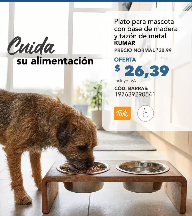 Plato para mascota con base de madera y tazón de metal