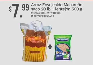 Arroz Envejecido Macareño saco 20 lb + lentejón 500 g