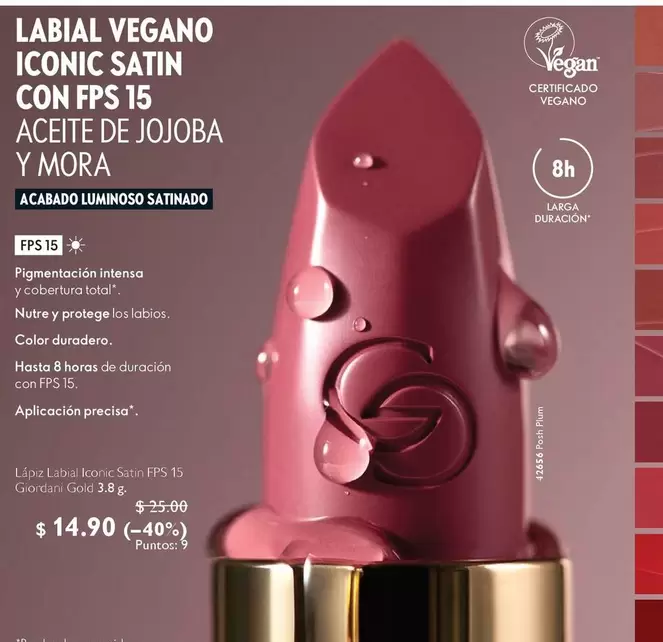 LABIAL VEGANO ICONIC SATIN CON FPS 15 ACEITE DE JOJOBA Y MORA
