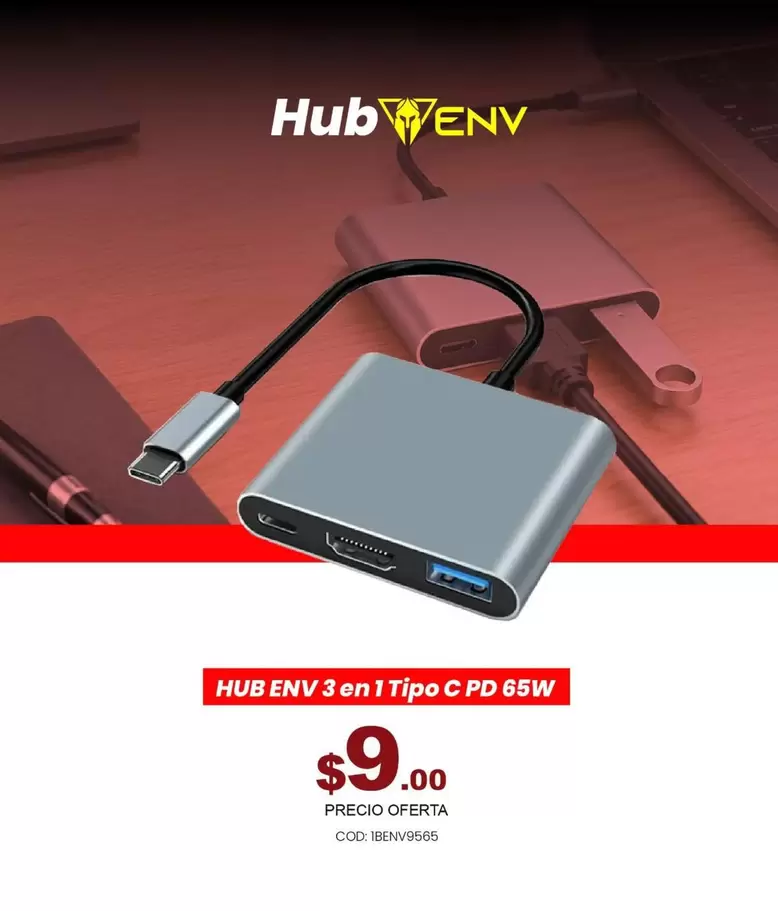 HUB ENV 3 en 1 Tipo C PD 65W