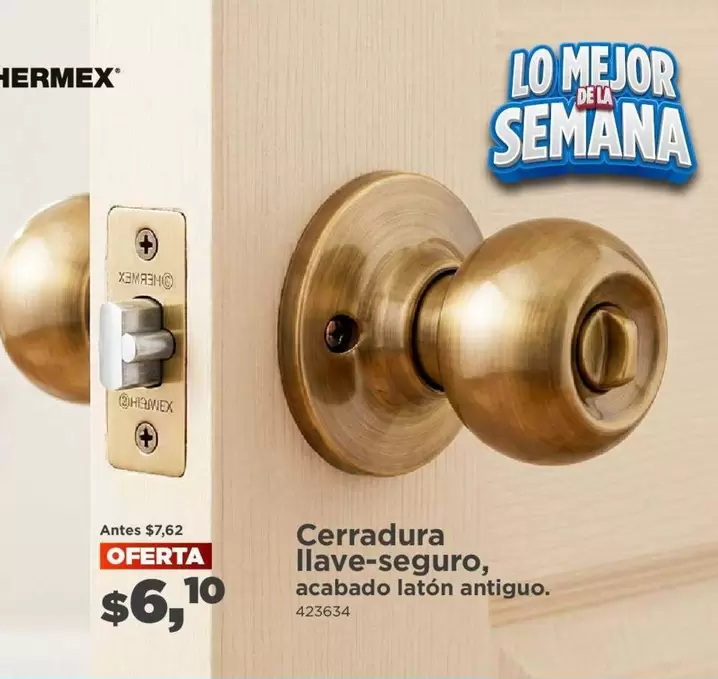 Cerradura llave-seguro, acabado latón antiguo. 423634