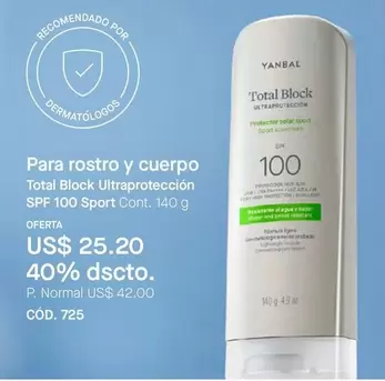 Yanbal - Total Block Ultraprotección SPF 100 Sport Cont. 140 g CÓD. 725