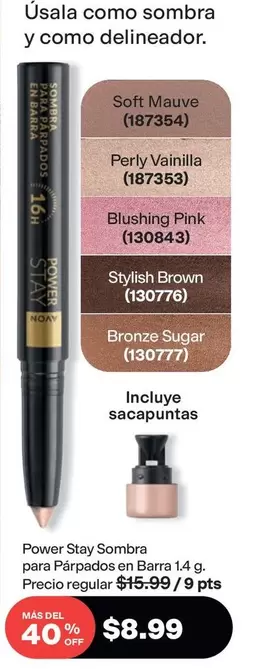 Power Stay Sombra para Párpados en Barra 1.4 g (Soft Mauve 187354; Pearly Vanilla 187353; Blushing Pink 130843; Stylish Brown 130776; Bronze Sugar 130777)