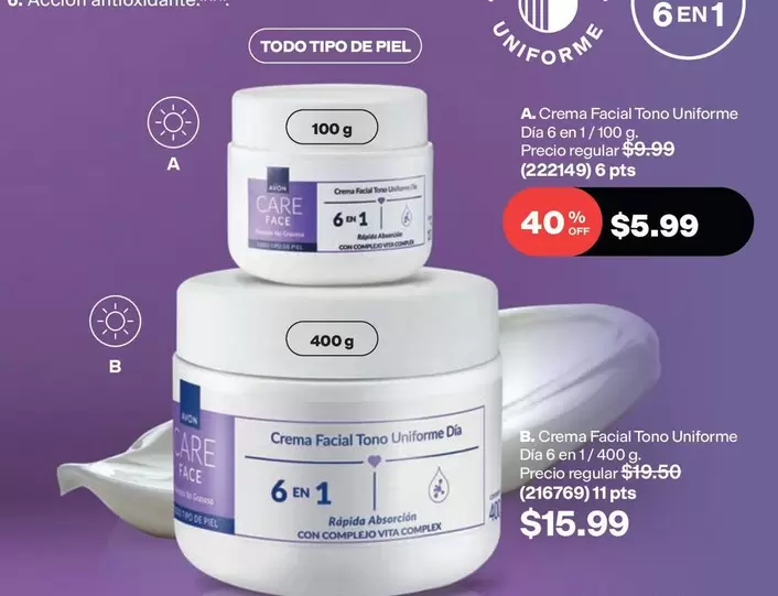 Avon - Crema Facial Tono Uniforme Día 6 en 1 (100 g) / Crema Facial Tono Uniforme Día 6 en 1 (400 g)