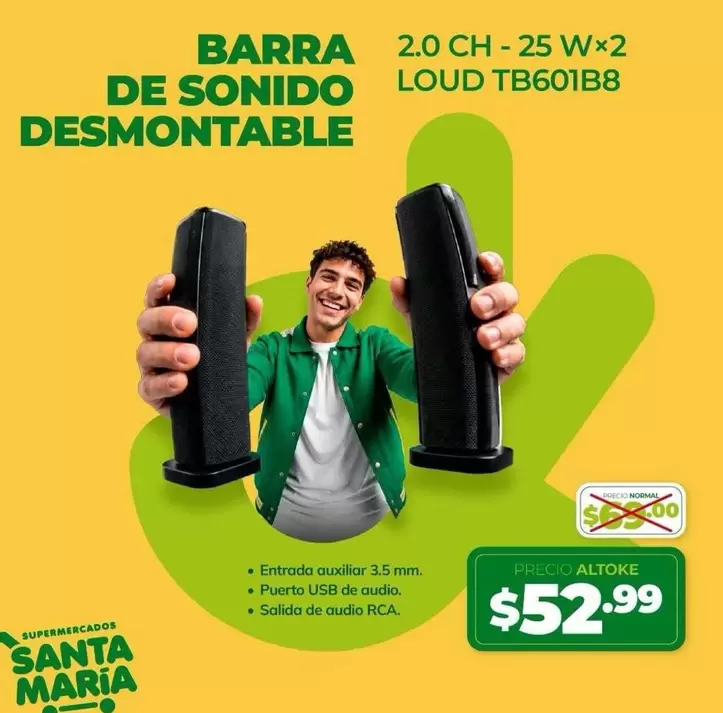 María - BARRA DE SONIDO DESMONTABLE 2.0 CH - 25 Wx2 LOUD TB601B8