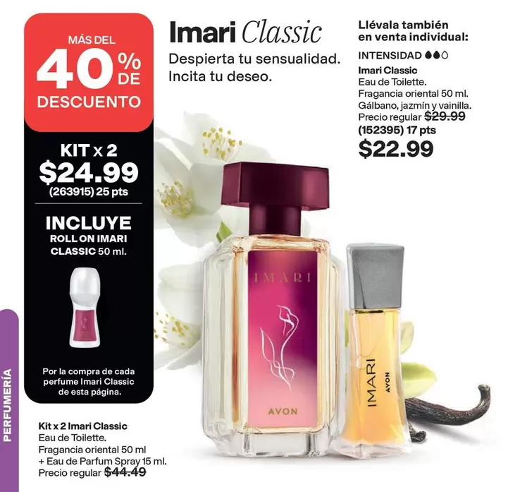 Avon - Imari Classic Eau de Toilette, Fragancia oriental 50 ml, Gel antibacterial, Jazmín y vainilla 50 ml