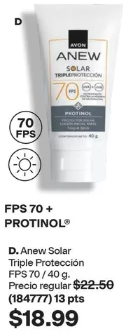 Avon - Anew Solar Triple Protección FPS 70 / 40 g.