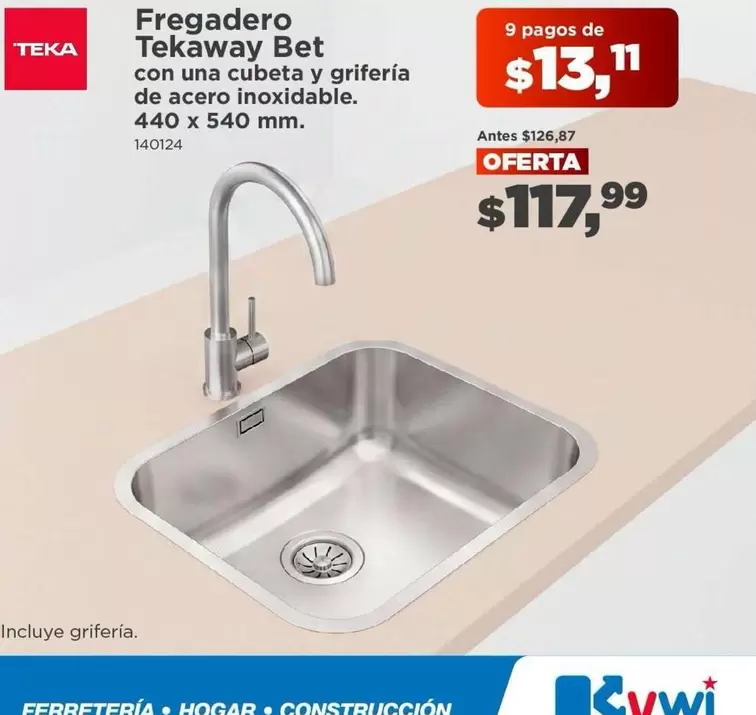 Fregadero Tekaway Bet con una cubeta y grifería de acero inoxidable. 440 x 540 mm. 140124
