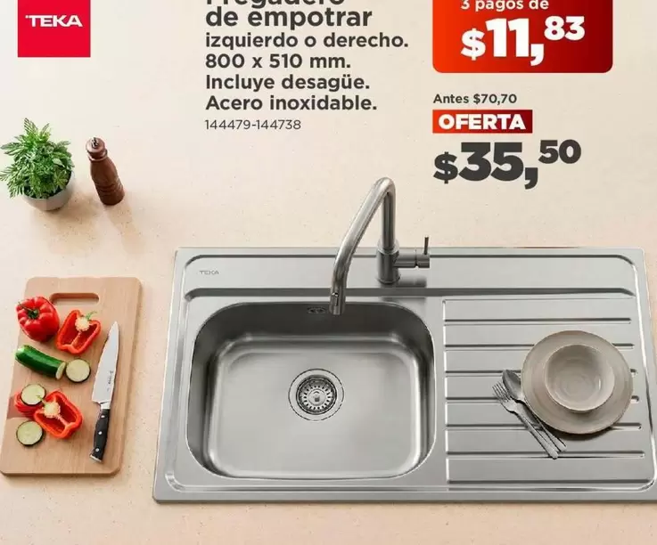 Fregadero de empotrar izquierdo o derecho. 800 x 510 mm. Incluye desagüe. Acero inoxidable. 144479-144738