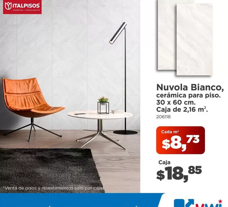 Nuvola Bianco, cerámica para piso. 30 x 60 cm.
